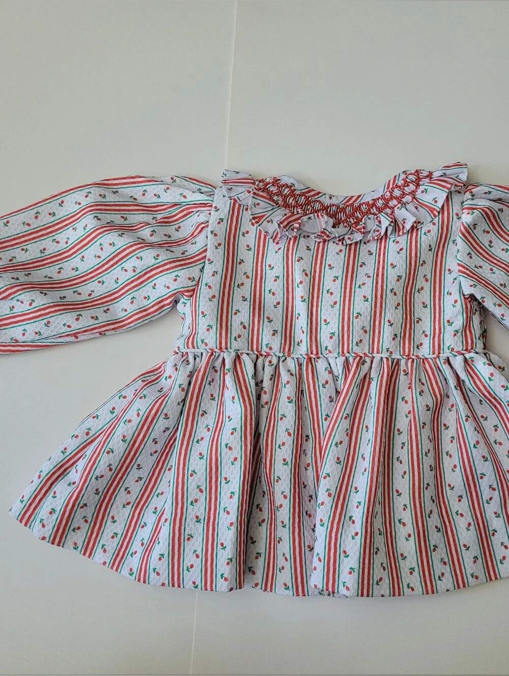 Girls Cecil and Lou Striped Smocked Set in Red White Green Tulip Rose Christmas